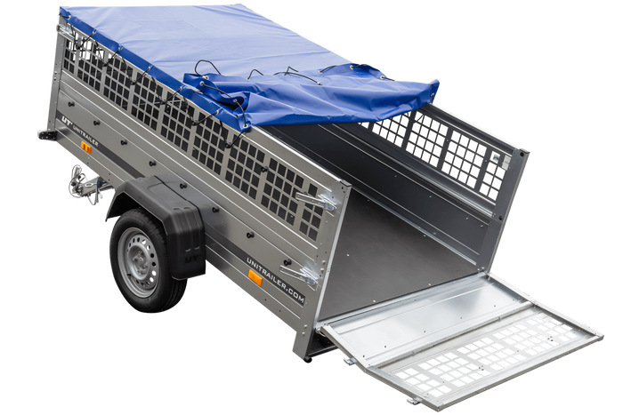 Pkw Transport Anhänger 230×125 Garden Trailer 230 KIPP mit Laubgitteraufsatz, blauer Flachplane und Stützrad
