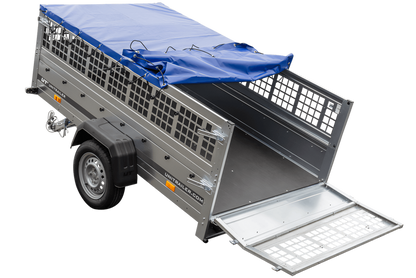 Pkw Transport Anhänger 230×125 Garden Trailer 230 KIPP mit Laubgitteraufsatz, blauer Flachplane und Stützrad