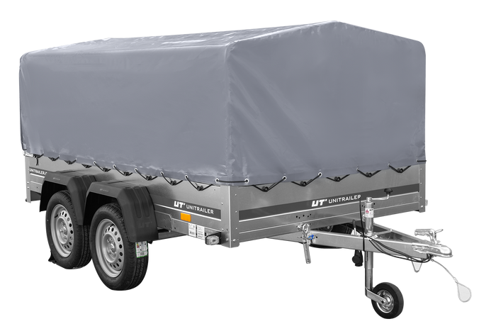Zweiachsanhänger 264×150 UNITRAILER GARDEN 265/2 KIPP mit H-800 Rahmen und grauer Plane