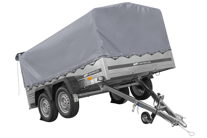 Zweiachsanhänger 264×150 UNITRAILER GARDEN 265/2 KIPP mit H-800 Rahmen und grauer Plane