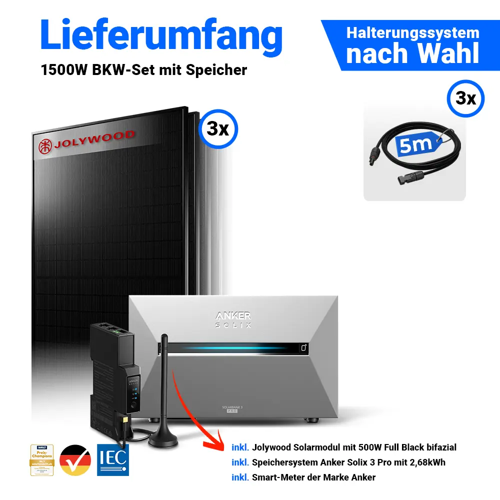 1500W Balkonkraftwerk mit Speicher - 3x Jolywood 500W Full Black bifazial & Anker Solix Solarbank 3 Pro