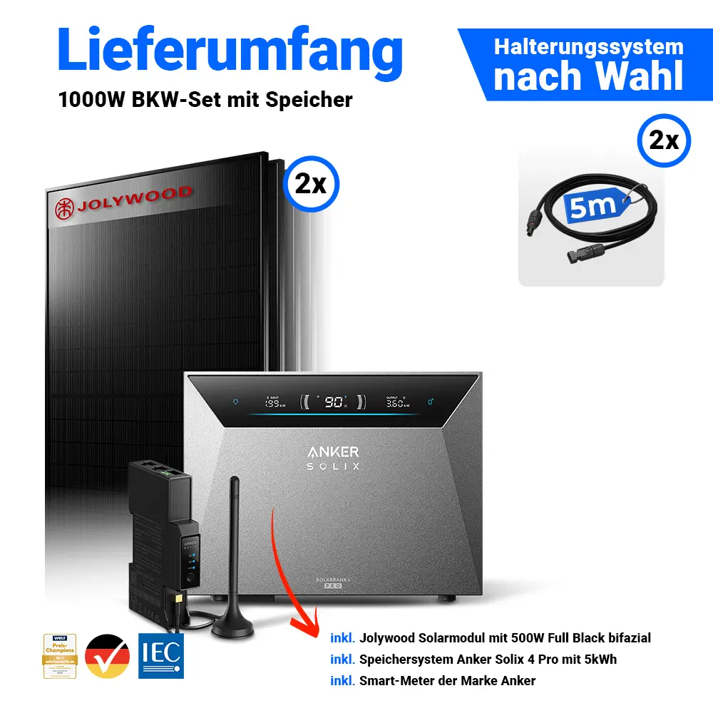 800W/1000W Balkonkraftwerk mit Speicher - 2x Jolywood 500W Full Black bifazial & Anker Solix Solarbank 4 Pro